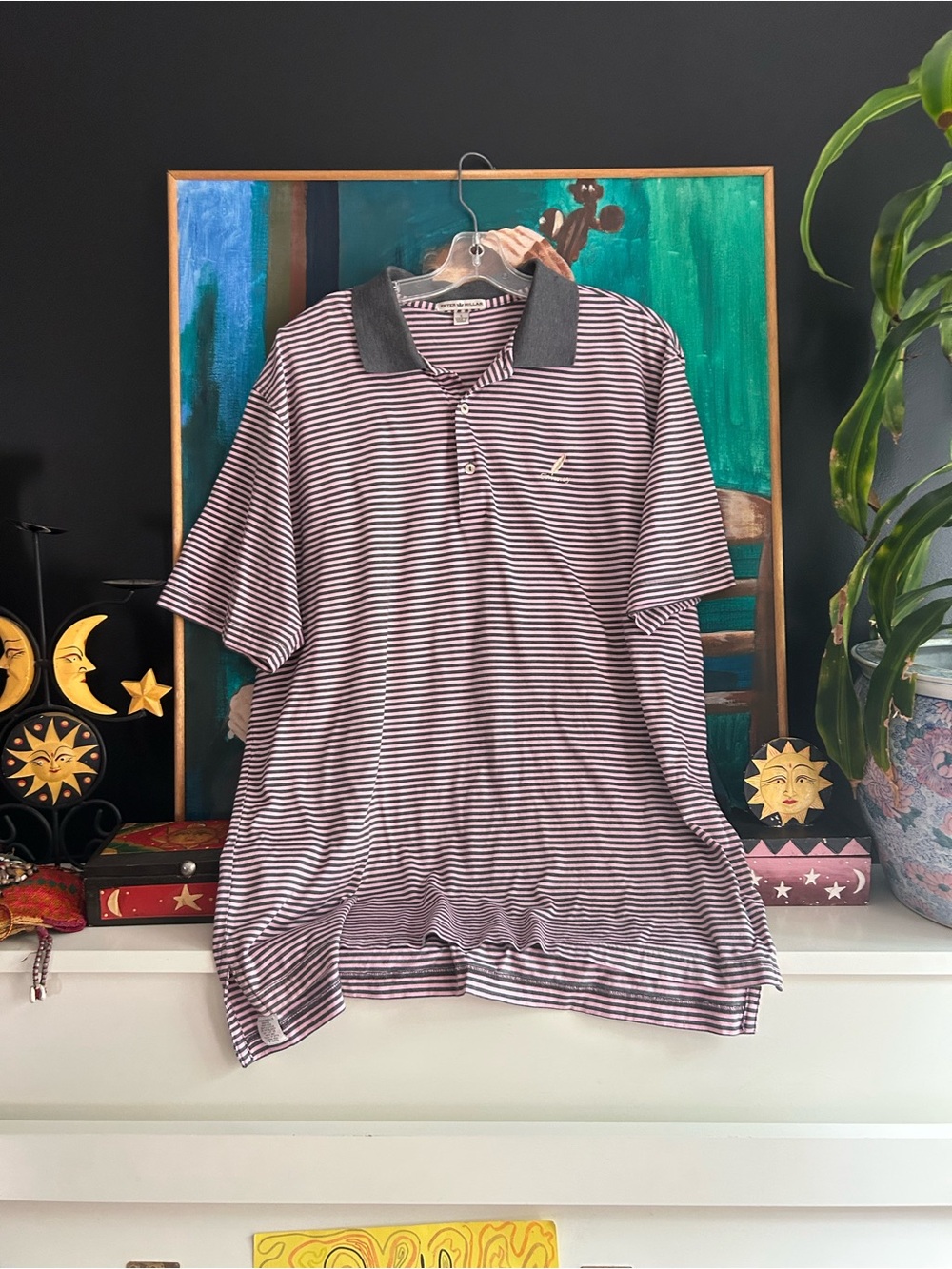 Peter Millar Pink Gray Striped Polo Shirt Large 100% Cotton Preppy Golf Classic